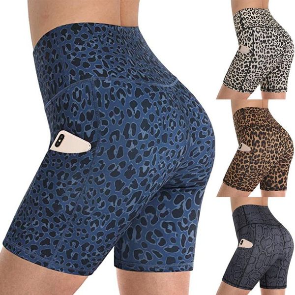

women leopard snake print pockets fitness yoga shorts scrunch booty high waist gymnastic yoga short leggings exercise pants, White;red