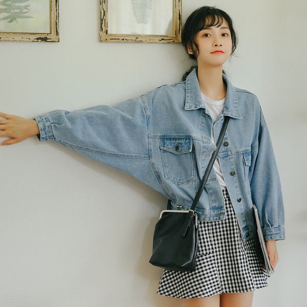 

2019 autumn denim coat for coat lantern women chic small machine lantern sleeve loose all-match korean style for women, Black;brown