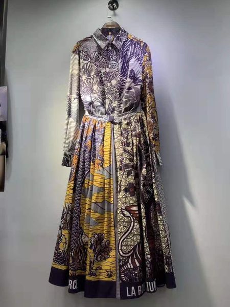 

spring 2020 retro heavy industry new long sleeve lapel print shirt fashion trend celebrity temperament two piece skirt with high split set, White