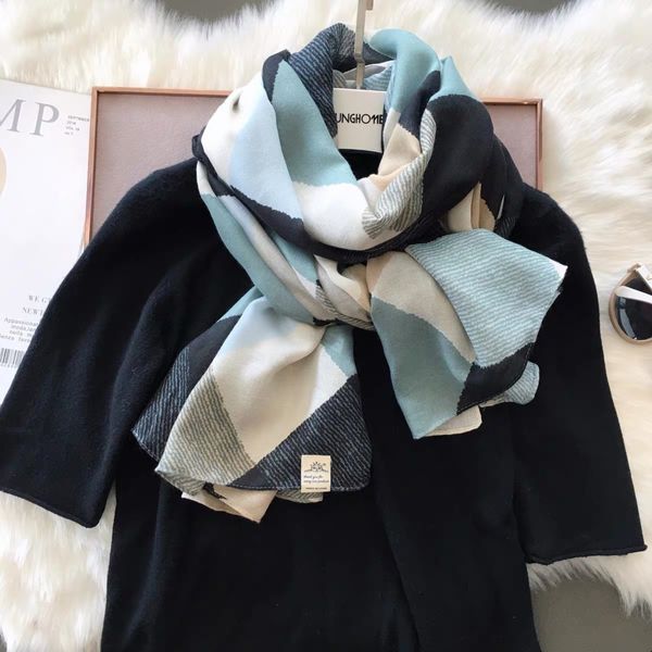 

6c4dn temperament color matching diamond grid all-match cotton and linen cotton and linen shawl dual-purpose autumn thin scarf korean sunscr, Blue;gray