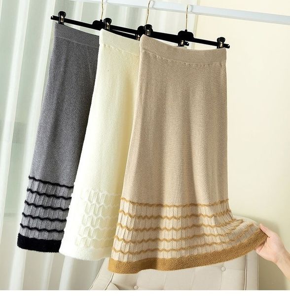 

winter thick knitted high waist midi skirts women 2020 elastic harajuku knee length mid long a line skirts, Black