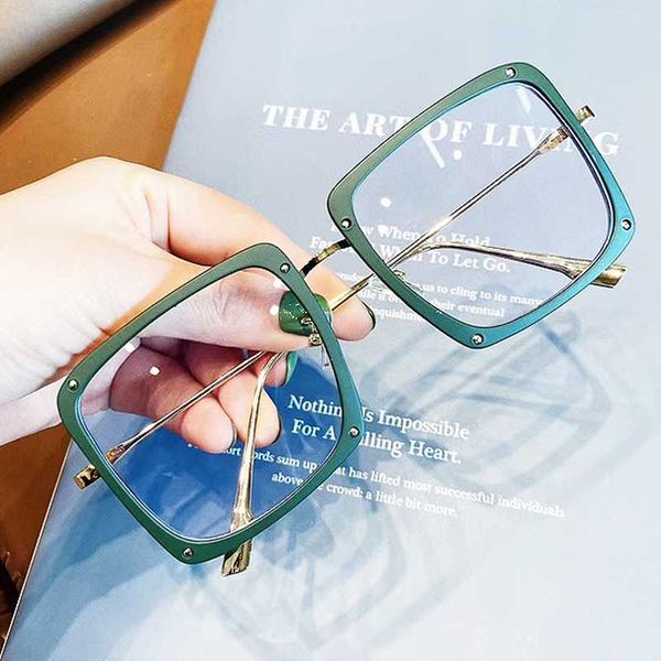 

unique oversized square green black glasses frame for women vintage alloy rivet myopia eyeglasses female big shades transparent