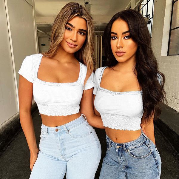 

women short sleeve crop elegant plain basic lady square neck lace tank party bodycon bandage stretch vest tee blouse, White