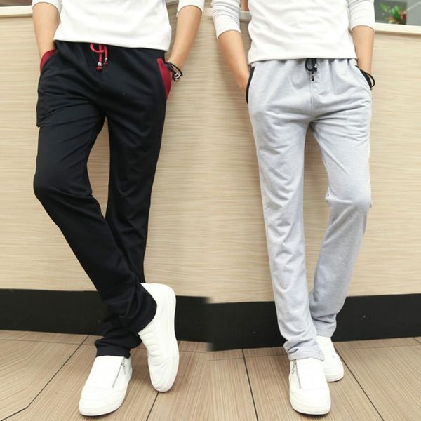 

men casual slim pants thin sweatpants drawstring waist sports workout trousers streetwear ribbons casual pants men black slim, Black;blue