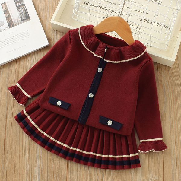 

autumn new girls' knitted princess dress ruffled collar cardigan a- line pleated skirt suit skirt, Red;yellow