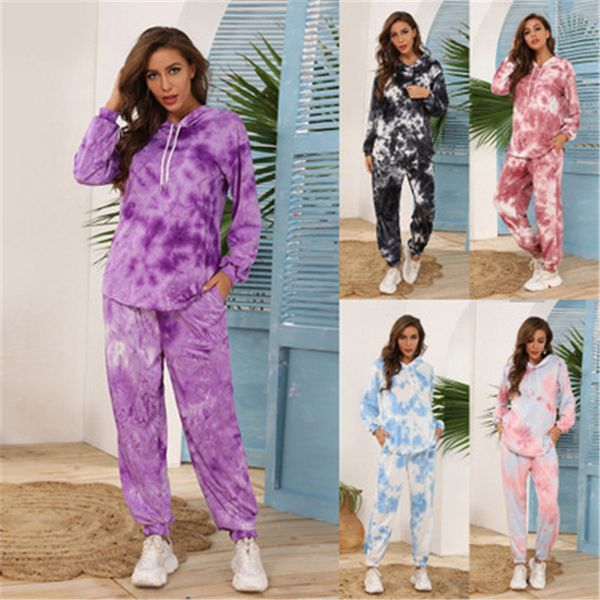 

женщины tie dye свободные костюмы конструктора с длинным рукавом с капюшоном брюки комплекты мода фитнесс повседневная спорт hoodies pants 2, Gray