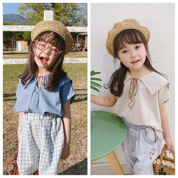 

2020 clothing lace wear children's children's new girls korean summer clothing striped rope sleeveless lace shirt 20318, White;black