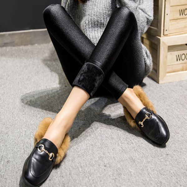 

women winter leggings plus thick velvet plus size solid color high waist elasticity shiny nylon warm legging, Black
