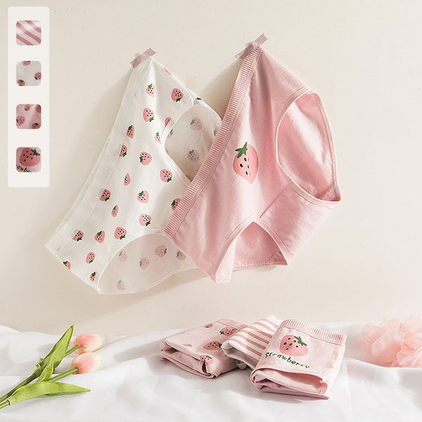 

norns strawberry cotton underwear women's middle waist cotton crotch japanese cute girl student bag hip breathable briefs, Black;pink