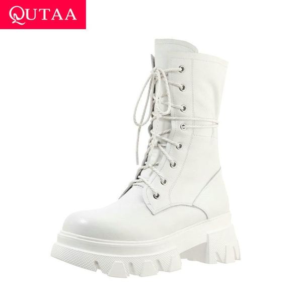 

qutaa 2021 platform lace up mid calf boots cow leather pu ladies pumps casual round toe square high heel women shoes size 34-39, Black