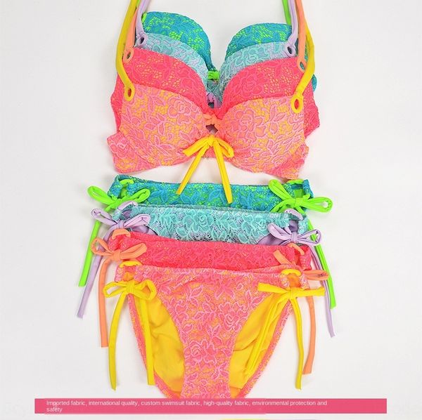 

2020 new style multi-color lace swimsuit with steel bracket chest pad and small chest super gathered bikini swimsuit bikini, White;black