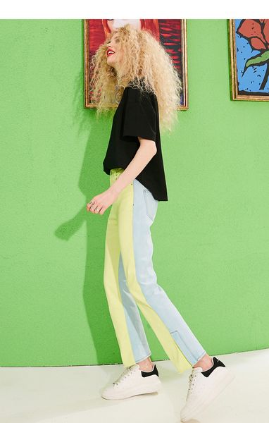 

new woman jeans cotton mid contrast patchwork full length woman pants oversized denim trousers femme pants, Blue