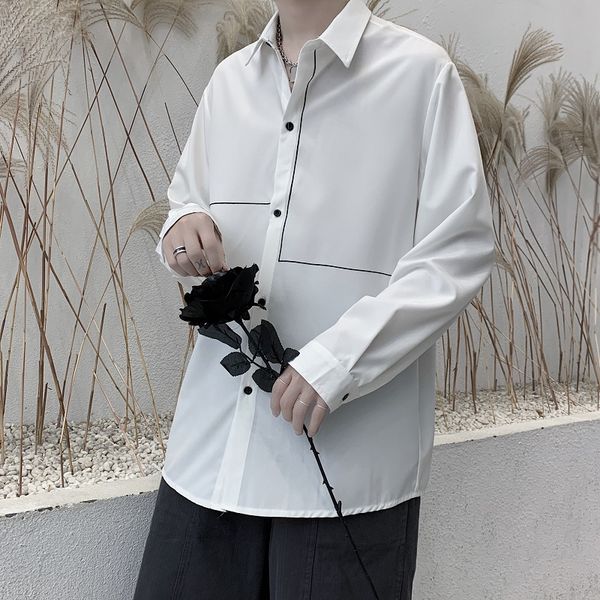 

5xl- geometric lines shirt men plus size streetwear loose men casual shirts long sleeve all match harajuku blouse clothes, White;black