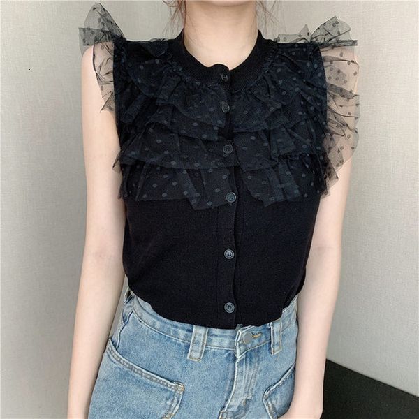

women fashion knitting patchwork lace sweet tanks lady sleeveless lace ruffles lace t shirts sweater cardigans, White