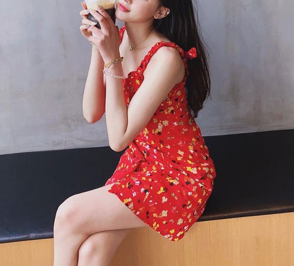 

women dress spring / summer 2020 new dress red sling print vintage women, Black;gray