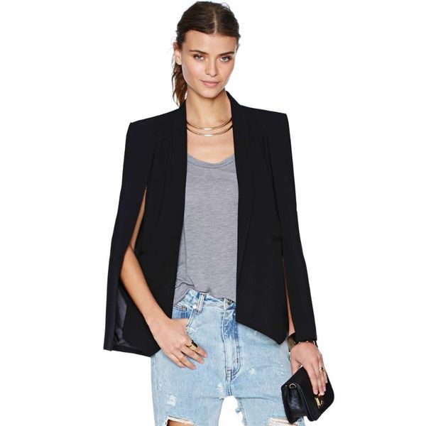

2020 fashion cloak cape blazer women coat black lapel split long sleeve outerwear pockets solid casual suit jacket workwear xl, White;black