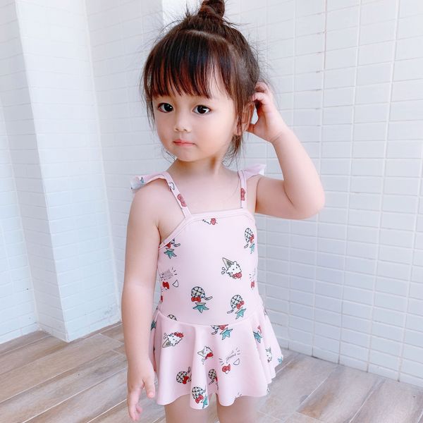 

childrens clothing one-piece hair 2020 summer new girls printed swim suit korean-style cute strap swimming skirt, Black