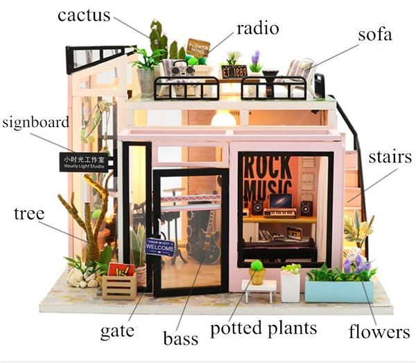 

1:12 dollhouse studio diy wooden doll with radio bass accessories miniaturas house kast furniture kit casa de juguete y200414