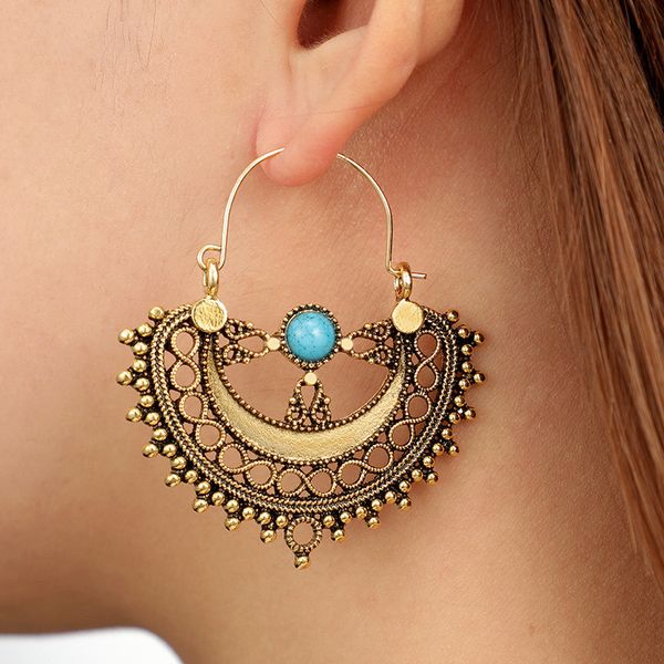 

new boho fashion vintage silver gold geometric tassel earring for women retro blue gemestone statement drop earrings party dress gifts yg