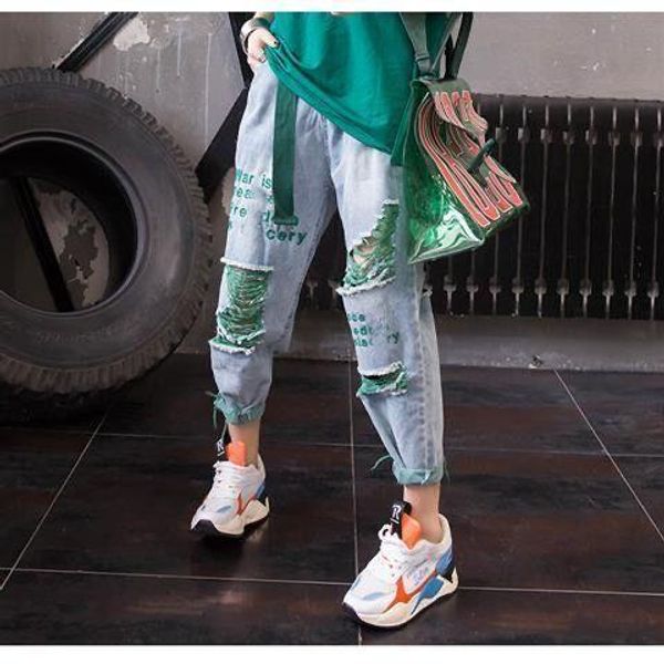 

cotton high waist cargo pants hole pants embroidered letters jeans women loose thin large size nine points wide leg, Black;white