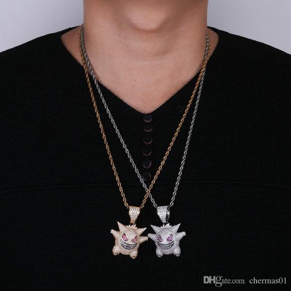 

full rhinestone gengar pendant necklace creative hip hop bling chains iced out jewelry with 24 inch chain for men gift, Silver