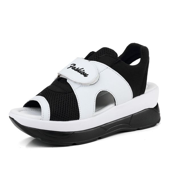 

women sandals shoes summer peep toe hook & loop wedges platform flat breathable beach outdoor flip flop female hollow out, Black