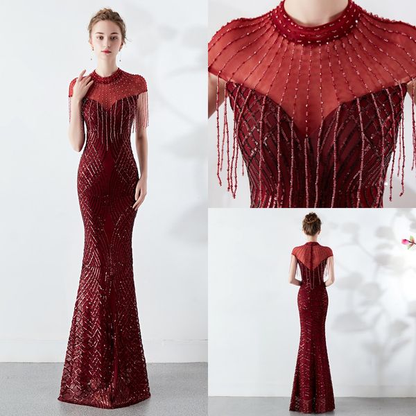

luxury red/navy blue/black/champagen gold beads tassel mermaid sequin evening dresses 2020 prom formal dress evening gown vestidos de festa, Black;red