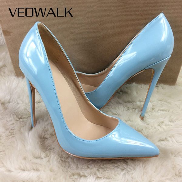 

veowalk solid light blue women patent leather pointy toe stilettos slip on extremely high heel shoes comfortable ladies pumps, Black
