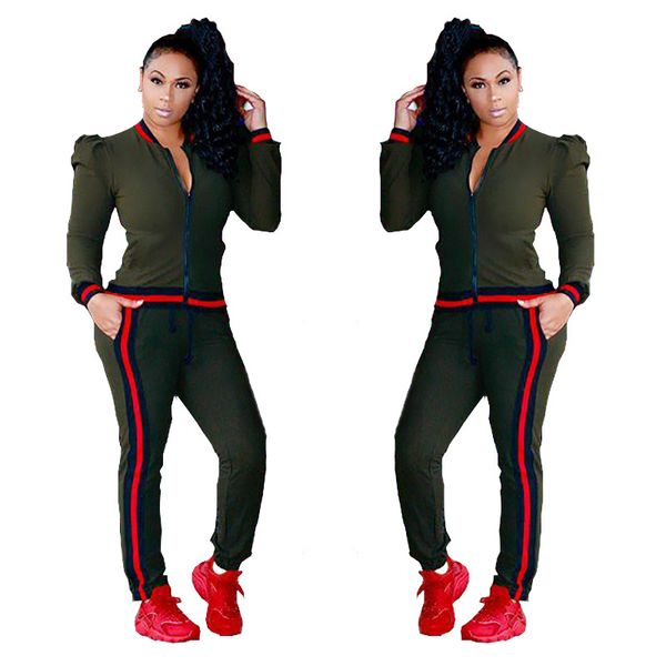 

women's 2 pieces outfits side stripe hem trim patchwork long sleeve zipper jacket and long pants set jogger tracksuits, White