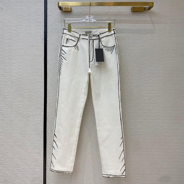 

streetwear white high waist straight jeans for women black line print pattern cute fashion denim pants casual long trousers, Blue