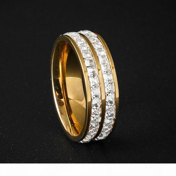 

two row clear crystal rings gold color stainless steel round pave finger rings for women engagement wedding luxury jewelry gift, Silver