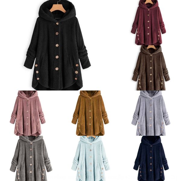 

2019 winter button coat new fashion women's button solid color plush irregular leopard print coat, Black