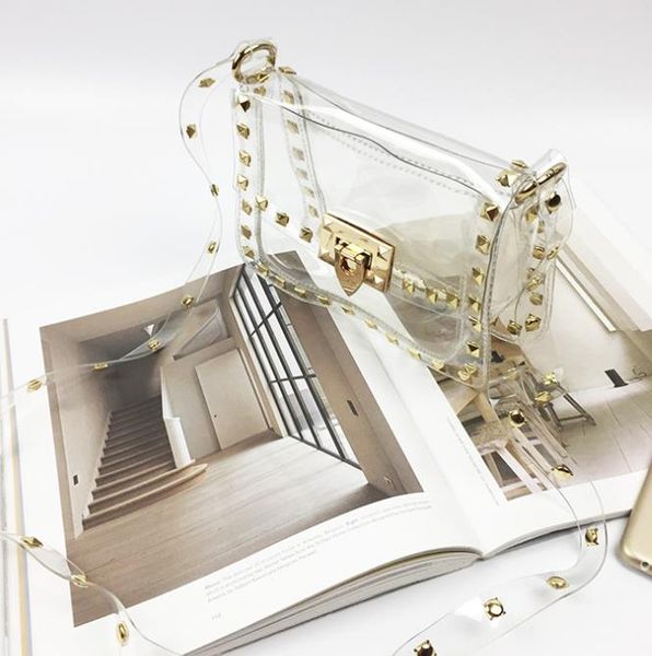 

designer handbag 2020 fashion jelly rivet transparent pvc portable diagonal small square bag