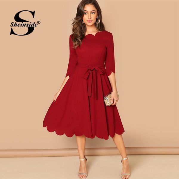 

sheinside elegant scallop edge bodycon dress women burgundy 3/4 sleeve solid pencil dresses woman party night ladies midi dress, Black;gray