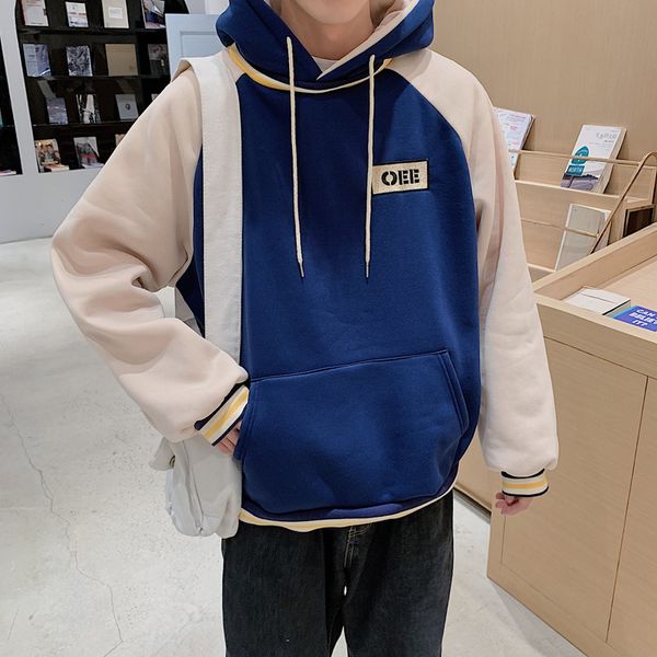 

2020 hip hop patchwork hit color men hoodie loose personality all-match youthful Â sweatshirt kpop harajuku streetwear, Black