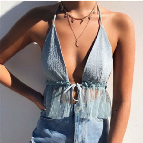 

bow cotton mesh v neck crop cami summer style 2020 women spaghetti strap camisole backless shirt w3, White