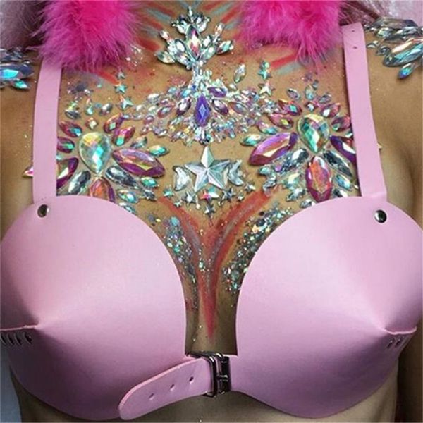 

шаг в кожаной цепи питания зима новый ночной клуб low-cut backless pu bra top spot lbz733, White;black