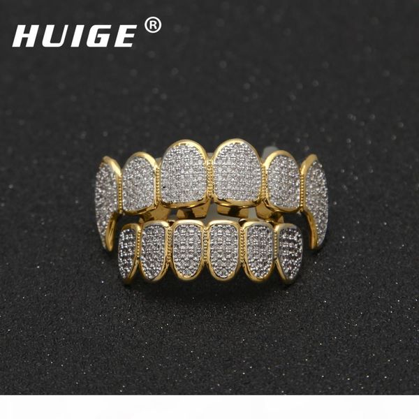 

punk gold color hip hop micro pave cubic zircon teeth grillz caps &bottom men women vampire fangs grills set, Black
