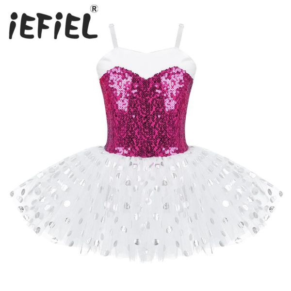 

sequins kids girls ballet dress adjustable spaghetti shoulder straps ballet dance gymnastics leotard mesh tulle tutu mesh dress, Black;red