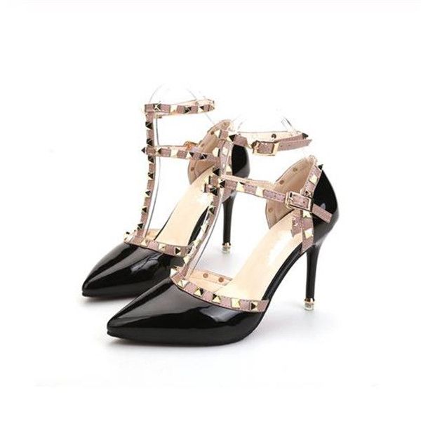 

hasp rivet heels female leather high-heeled pumps stiletto heel 9 cm pointed toe hollow ventilation shoes woman rivet shoes, Black