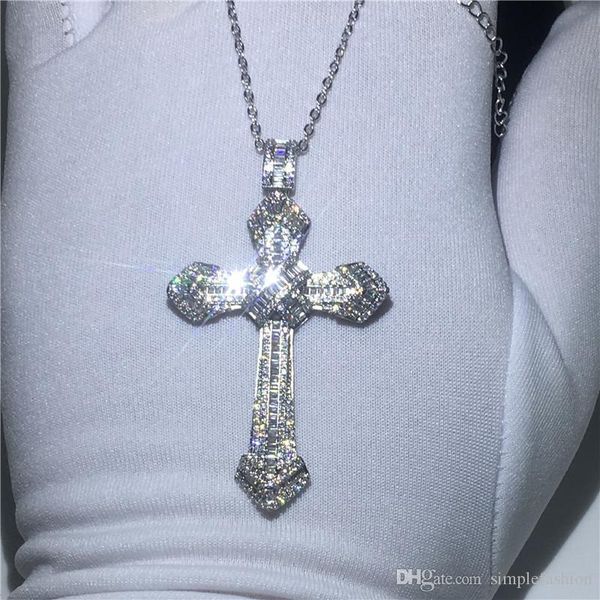 

vecalon fashion big cross pendant 925 sterling silver diamond wedding engagement pendants with necklace for women men jewelry