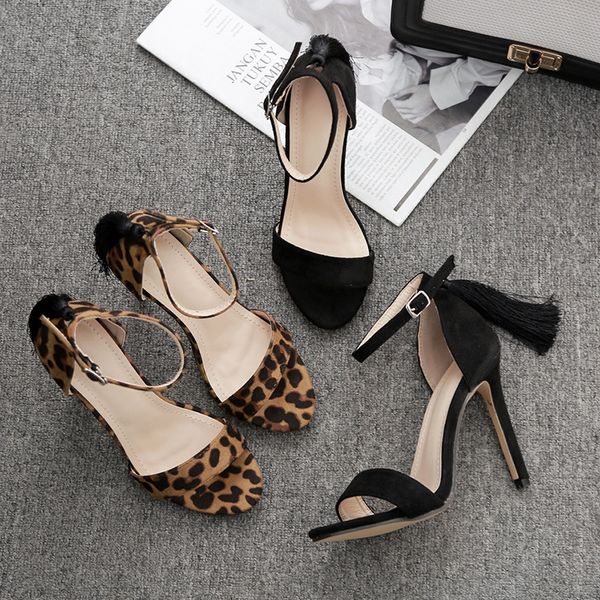 

high heel sandal for women 2020 sandals open toe leopard print shoes buckle strap tassel summer heels heeled women's stiletto, Black