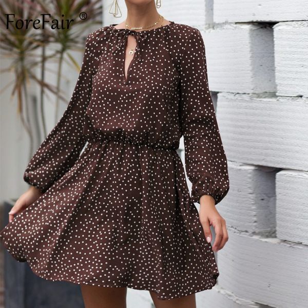 

forefair polka dot dress summer chiffon tunic short long sleeve hollow out o neck party fashion beach mini casual dress, Black;gray