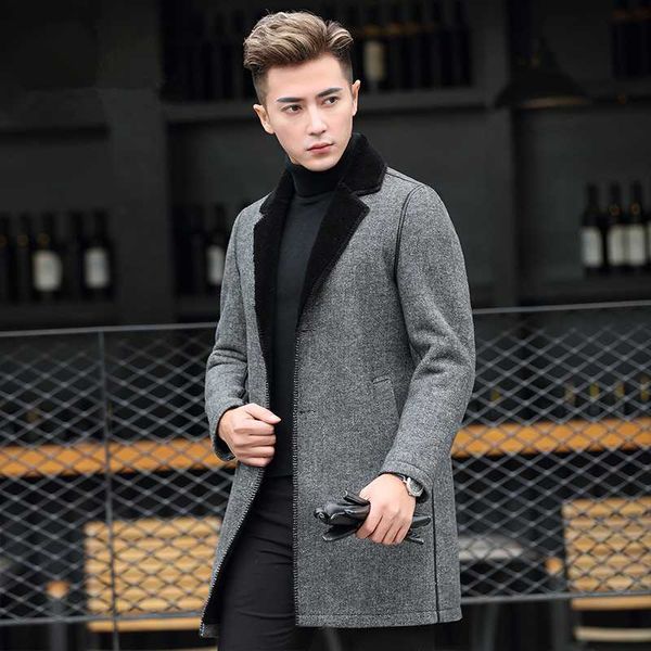 

real 100% coat men sheep shearling fur coats autumn winter long woolen jacket plus size abrigo hombre invierno zl904, Black