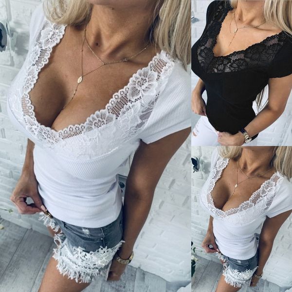 

t shirt women casual black low cut lace daily vintage short sleeve modis v-neck elegant t-shirt poleras mujer, White