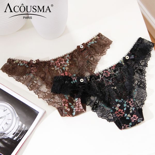 

acousma sweet women floral lace g-string seamless hollow out button bowknot decoration t back thongs female soft underwear, Black;pink
