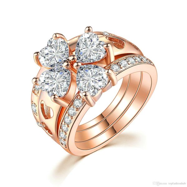 

three-layer ring set heart-shaped zircon inlaid rose gold ring women's copper ring set european and american fashion
