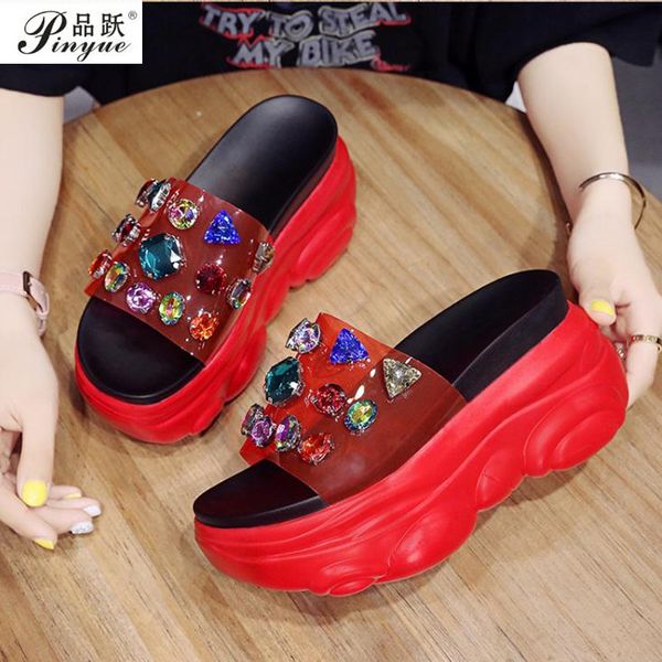 

outdoor slides fashion shoes woman cratal rhinestone colorful slippers summer shoes 9cm/3.5 inch height, Black