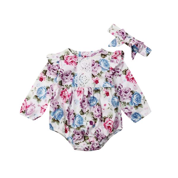 

lovely newborn baby girl long sleeve floral romper headband outfits clothes t200721, Blue