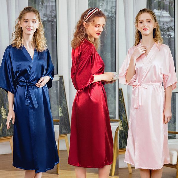 

summer faxu silk pajamas long bridesmaid red bride morning gowns homewear mid-calf night robe sleepwear solid satin robe, Black;red